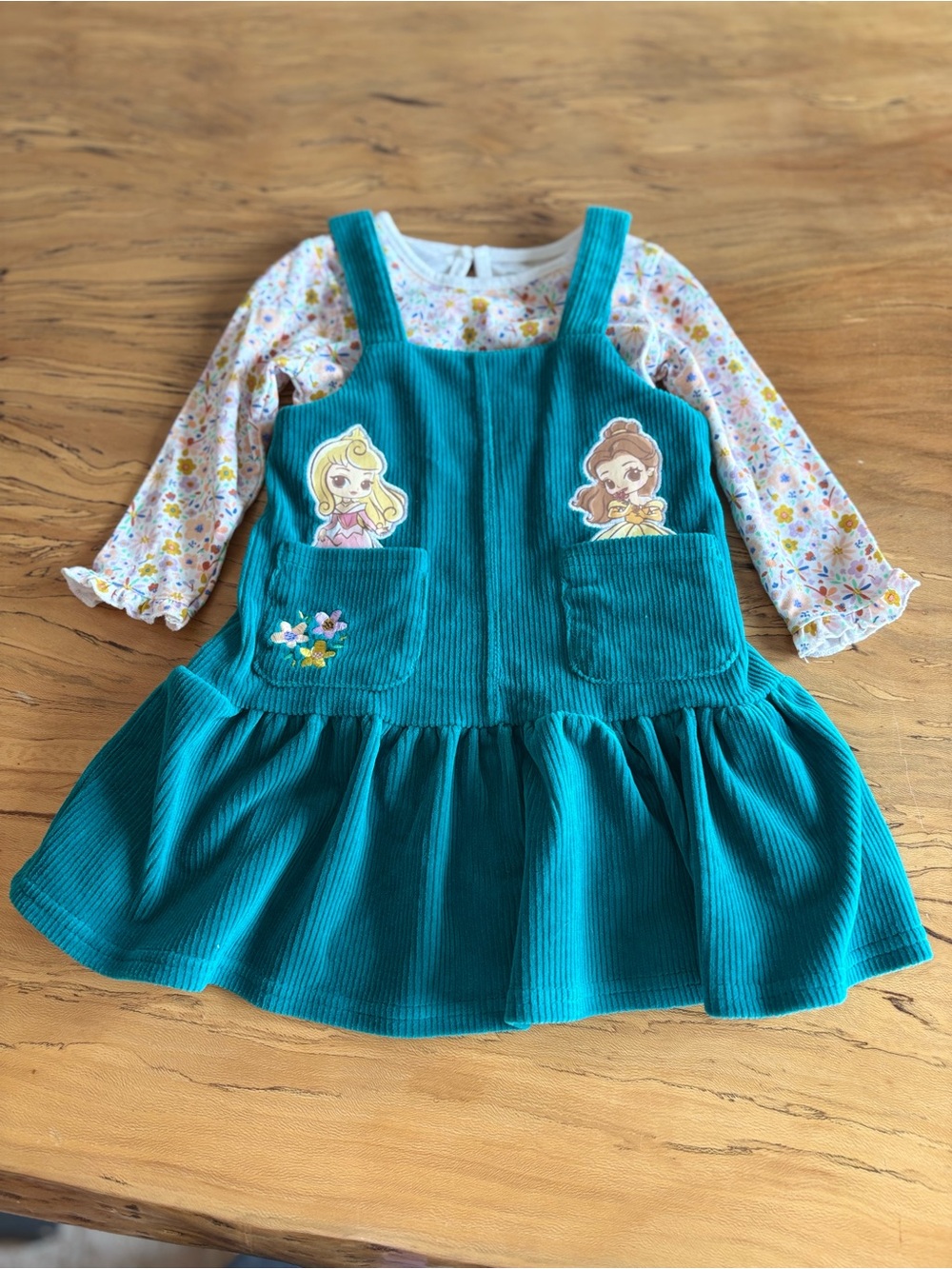 Disney Baby Princess Aurora Belle Teal Corduroy Jumper Dress & Floral Top 18M